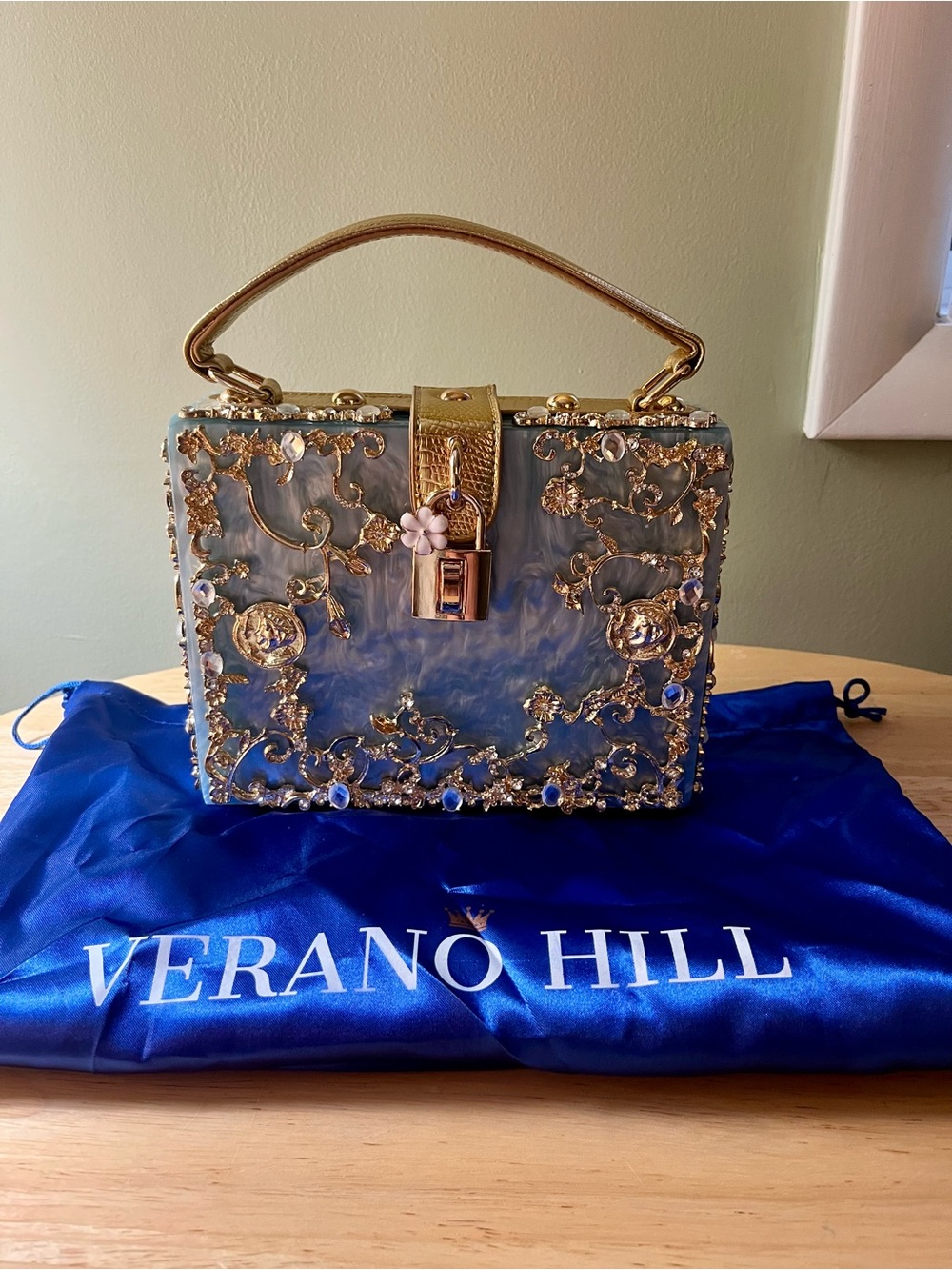 Verano Hill Blue Jeweled Box Handbag with Gold Accents